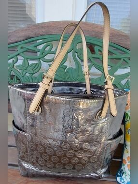 Michael Kors Metallic Silver Tote with Tan Leather Straps